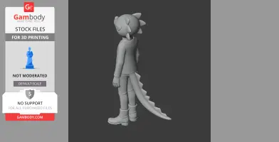3D model of a character with spikes on the head and tail, wearing boots and casual attire in side view.