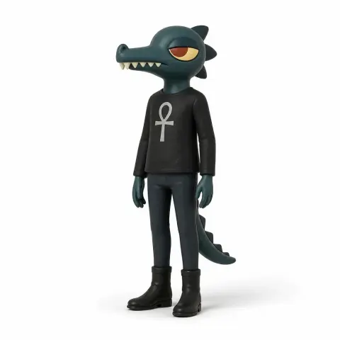 Anthropomorphic crocodile figure with an ankh shirt, standing upright, suitable for 3D printing.