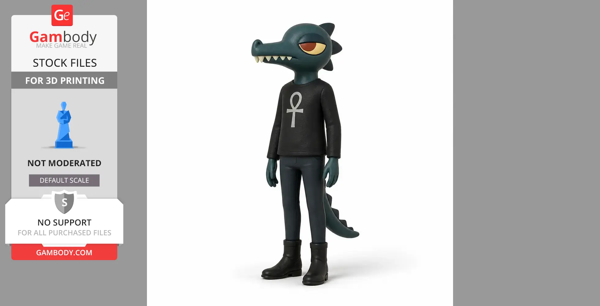 A stylized 3D figure of a dragon-like character with an Ankh symbol on its shirt, designed for 3D printing.