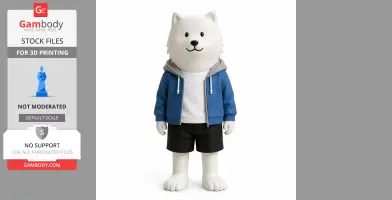 A stylized white dog figurine in a blue hoodie and shorts, standing upright for 3D printing.