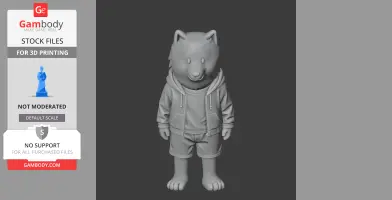 A 3D model of a cartoon dog in a hoodie and shorts, standing upright for printing.