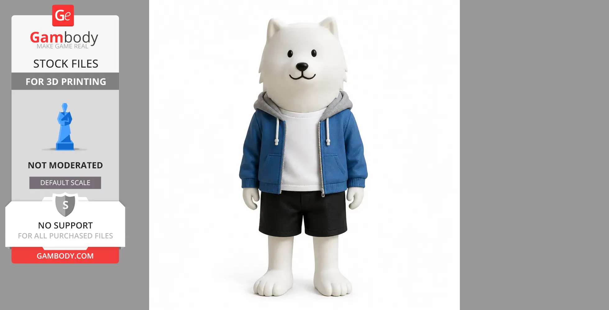A stylized white dog figurine in a blue hoodie and shorts, standing upright for 3D printing.