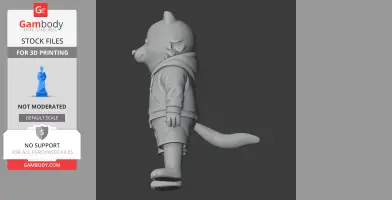 3D model of a cartoon dog character in a hoodie, standing in profile with a playful expression.