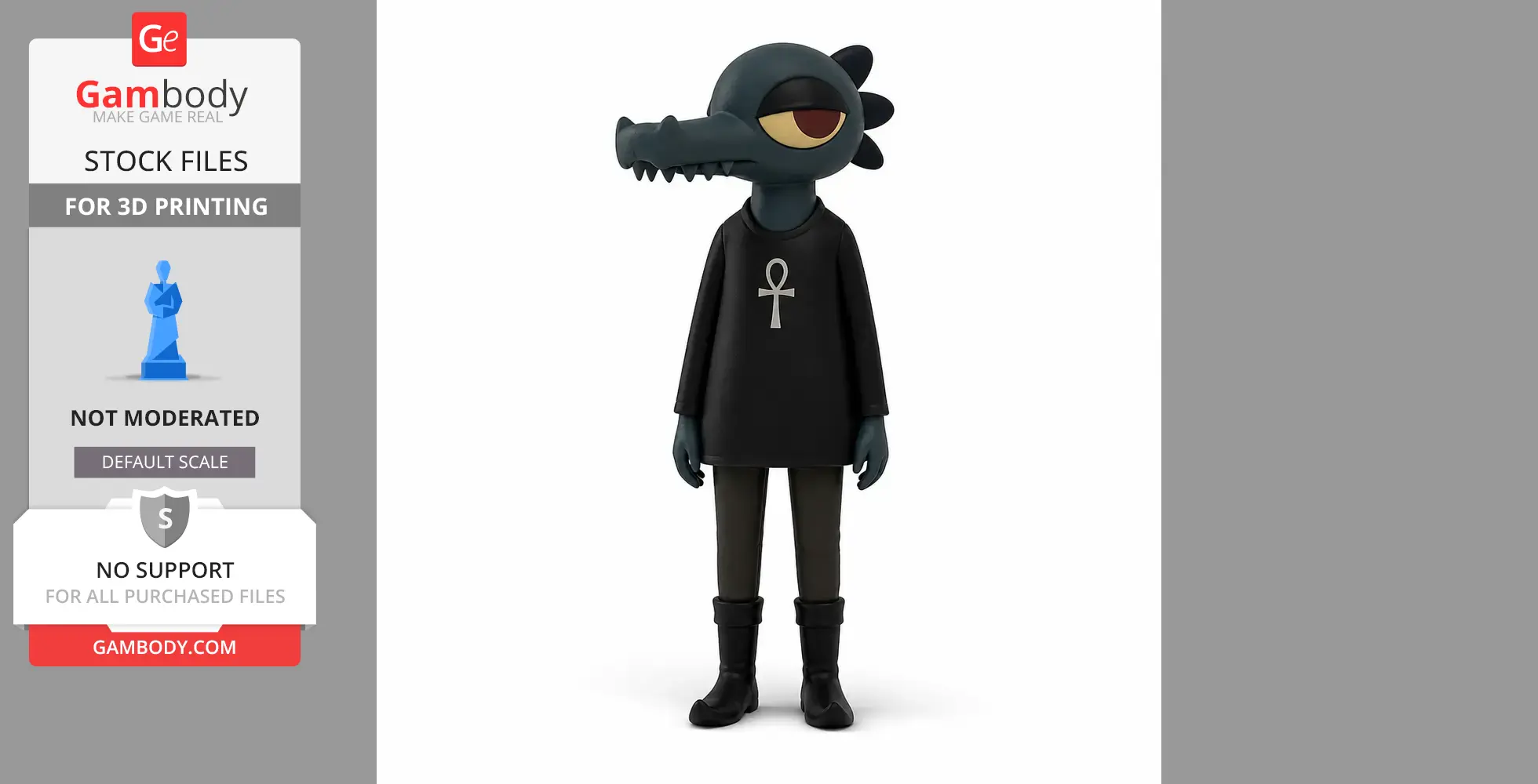 Anthropomorphic crocodile figure wearing black, with an ankh symbol on its shirt.