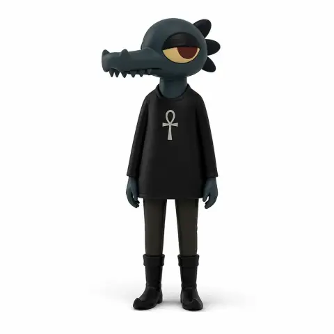 Stylized blue alligator character with an ankh symbol on black clothing, from 'Night in the Woods'.