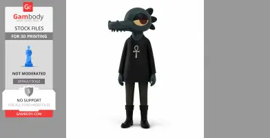 Anthropomorphic crocodile figure wearing black, with an ankh symbol on its shirt.