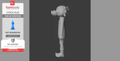 Side profile of a cartoon crocodile character 3D model with a long snout and spikes, standing upright.