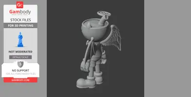 Cuphead character in grayscale with angel and demon wings, halo, and straw, ready for 3D printing.