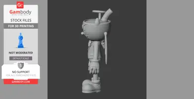 Cartoonish figure with angel and demon features from Cuphead, viewed in profile for 3D printing.