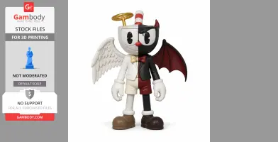 Half-angel, half-demon Cuphead figurine with wings and halo on one side, bat wing and horn on the other.
