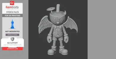 A 3D model of a character with a cup head, halo, angel and demon wings, wearing a bow tie and shorts.