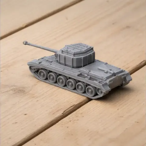A detailed 3D model of a WW2 tank on a wooden surface, ready for 3D printing.