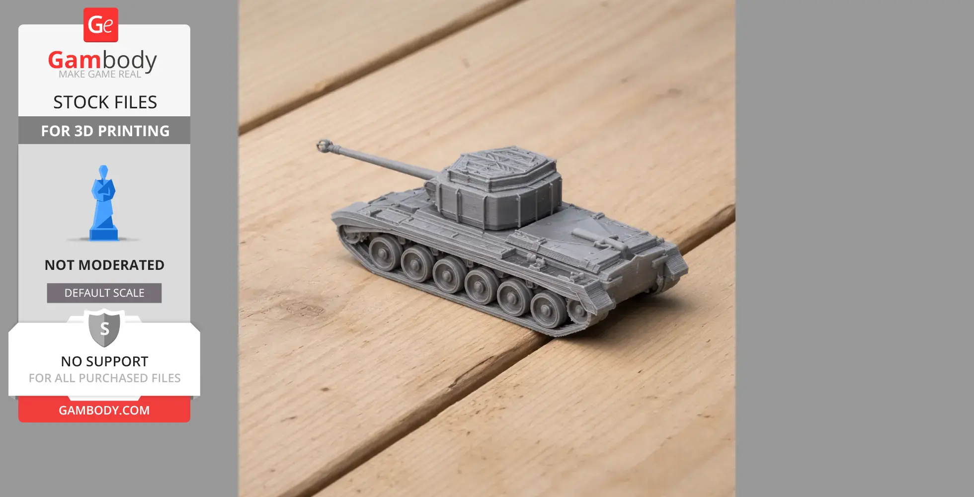 Detailed 3D-printed A30 Avenger SP 17pdr tank model with turret and tracks on wooden surface.