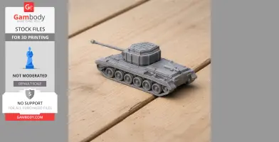 Detailed 3D-printed A30 Avenger SP 17pdr tank model with turret and tracks on wooden surface.