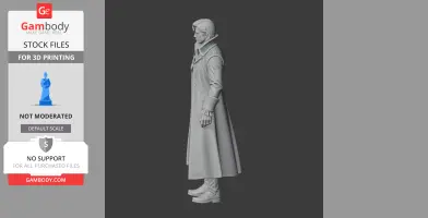 A 3D model of a man in a long coat, standing in side profile, designed for 3D printing.