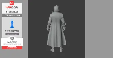 3D model of a character with a long coat, seen from behind.