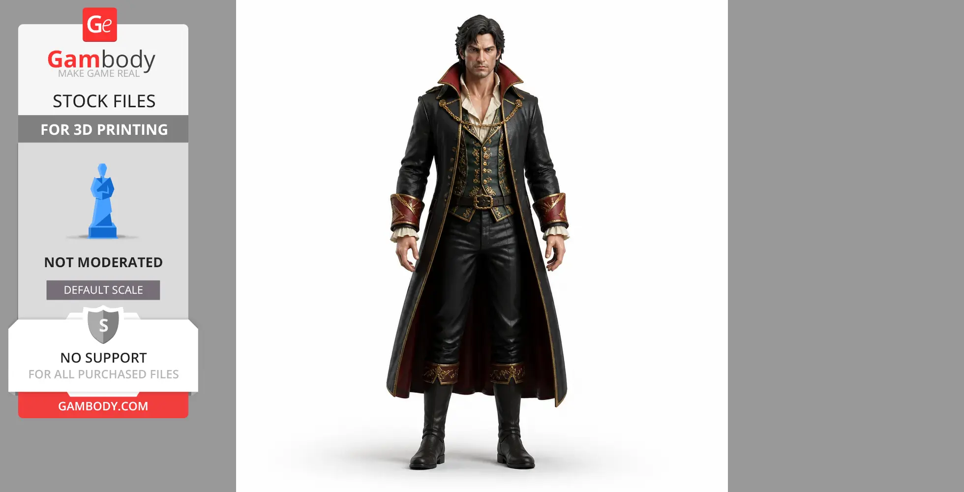 Character figure in a long, black and red coat with intricate gold details, prepared for 3D printing.