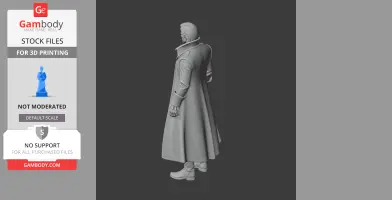 A character in a long coat, standing with hands at sides, designed for 3D printing.