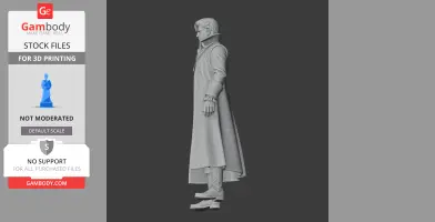 3D model of a character in a long coat with high collar, side view, for 3D printing.