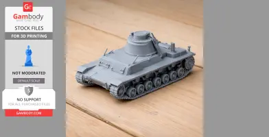 Gray 3D-printed model of the A7 medium tank, detailed with tracks and turret, on a wooden surface.