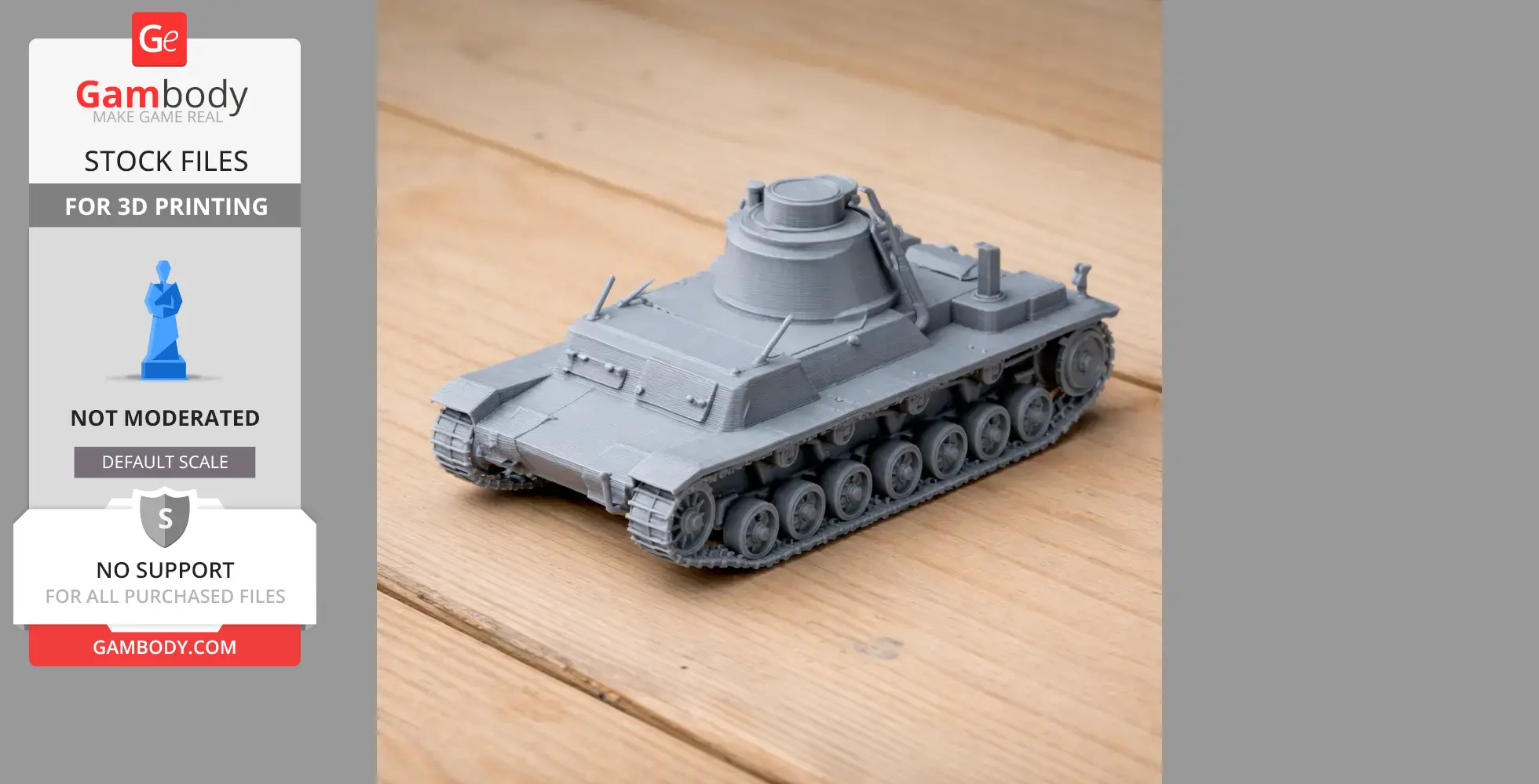 Gray 3D-printed model of the A7 medium tank, detailed with tracks and turret, on a wooden surface.