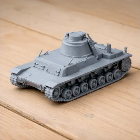 Detailed 3D-printed model of A7 medium tank, featuring turret and tracks, displayed on a wooden surface.