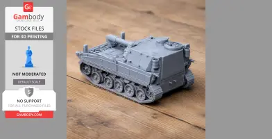 3D-printed Abbot artillery tank model on a wooden surface.