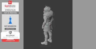 A detailed 3D figurine of a character in armor with a fur collar, ready for 3D printing.
