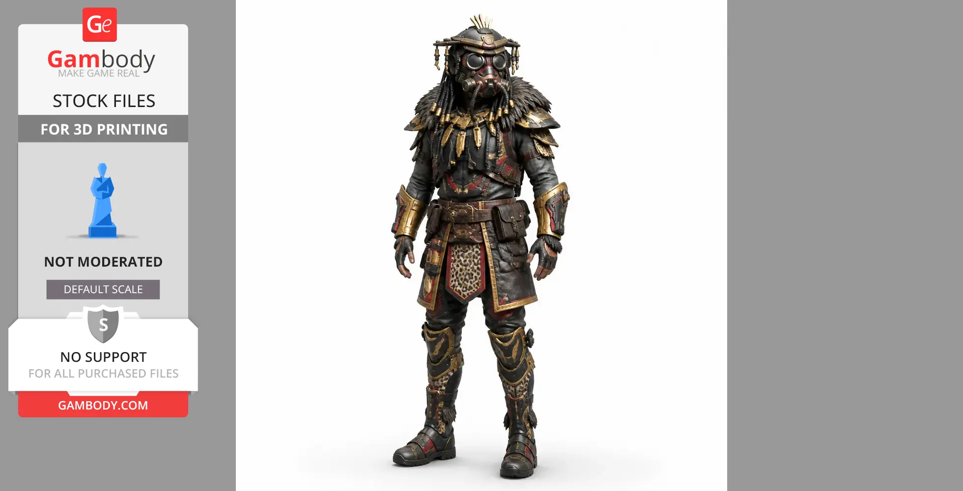 Armored warrior figurine with tribal details, mask, and fur accents, designed for 3D printing.