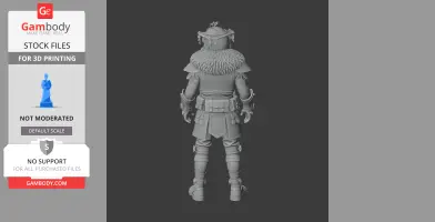 A detailed 3D model of a warrior figure in armor with fur collar, viewed from the back, suitable for printing.