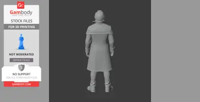3D model of a character wearing a long coat, viewed from behind, intended for 3D printing.