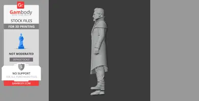 A 3D model of a character in a long coat, standing in profile, from the game Factorio.