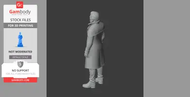 3D model of a character wearing a long coat and boots, standing with hands by their sides.