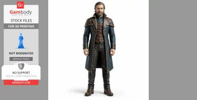 A 3D figurine of a bearded man in a long coat, detailed for 3D printing.