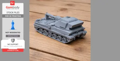 Gray 3D printed tank model with tracks and turret, displayed on a wooden surface.