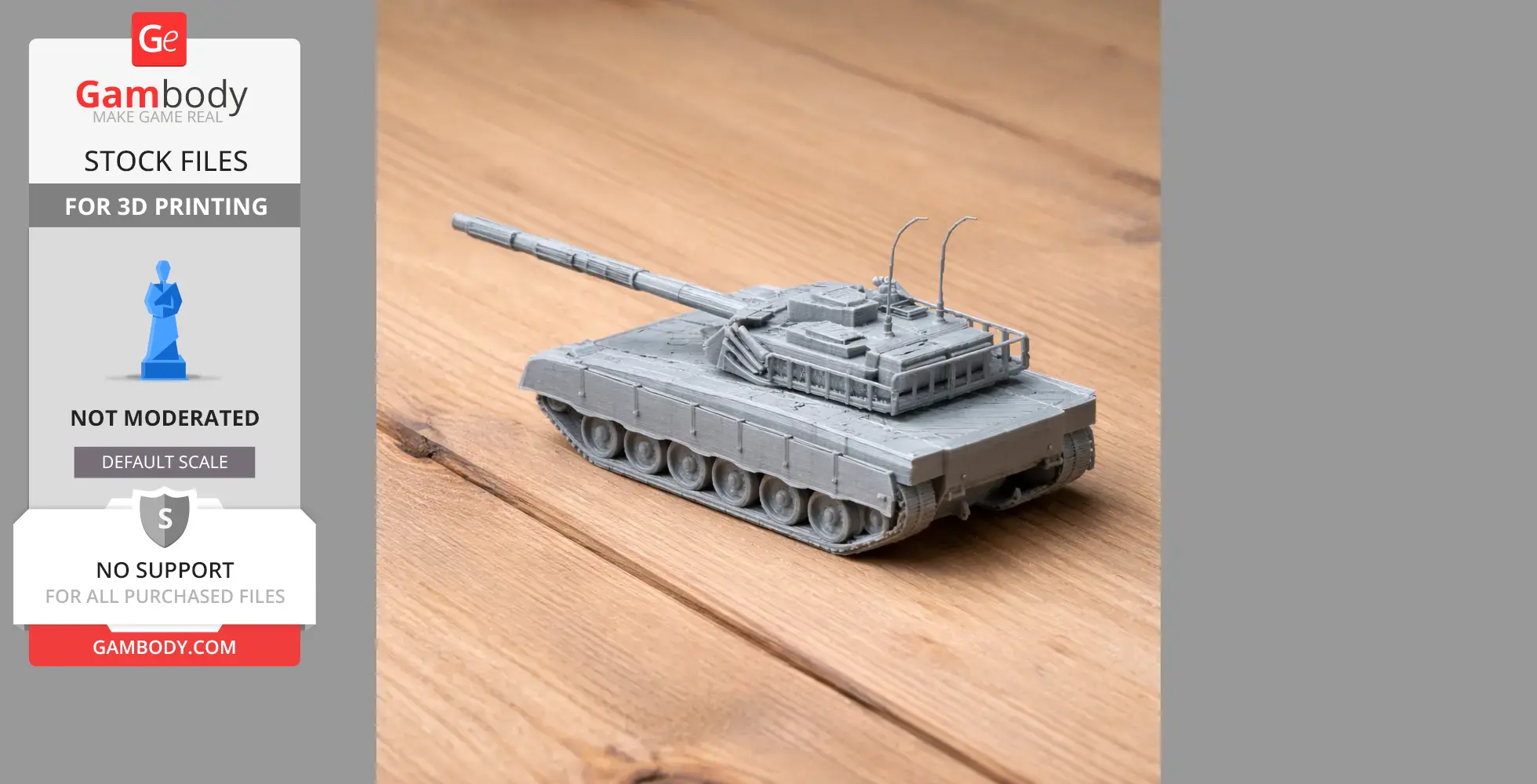 3D-printed Al-Khalid tank model on wooden surface, showcasing detailed design and tracks.