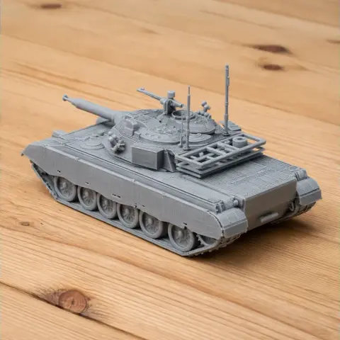 Gray 3D-printed model of an Al-Zarrar tank, detailed with turrets and tracks, on a wooden surface.