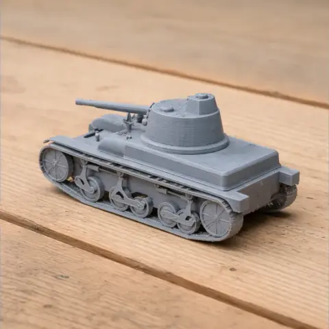 Gray 3D-printed model of an AMR 35 tank on a wooden surface.