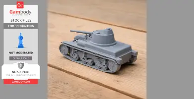 3D printed model of a gray tank with turret and tracks on a wooden surface.