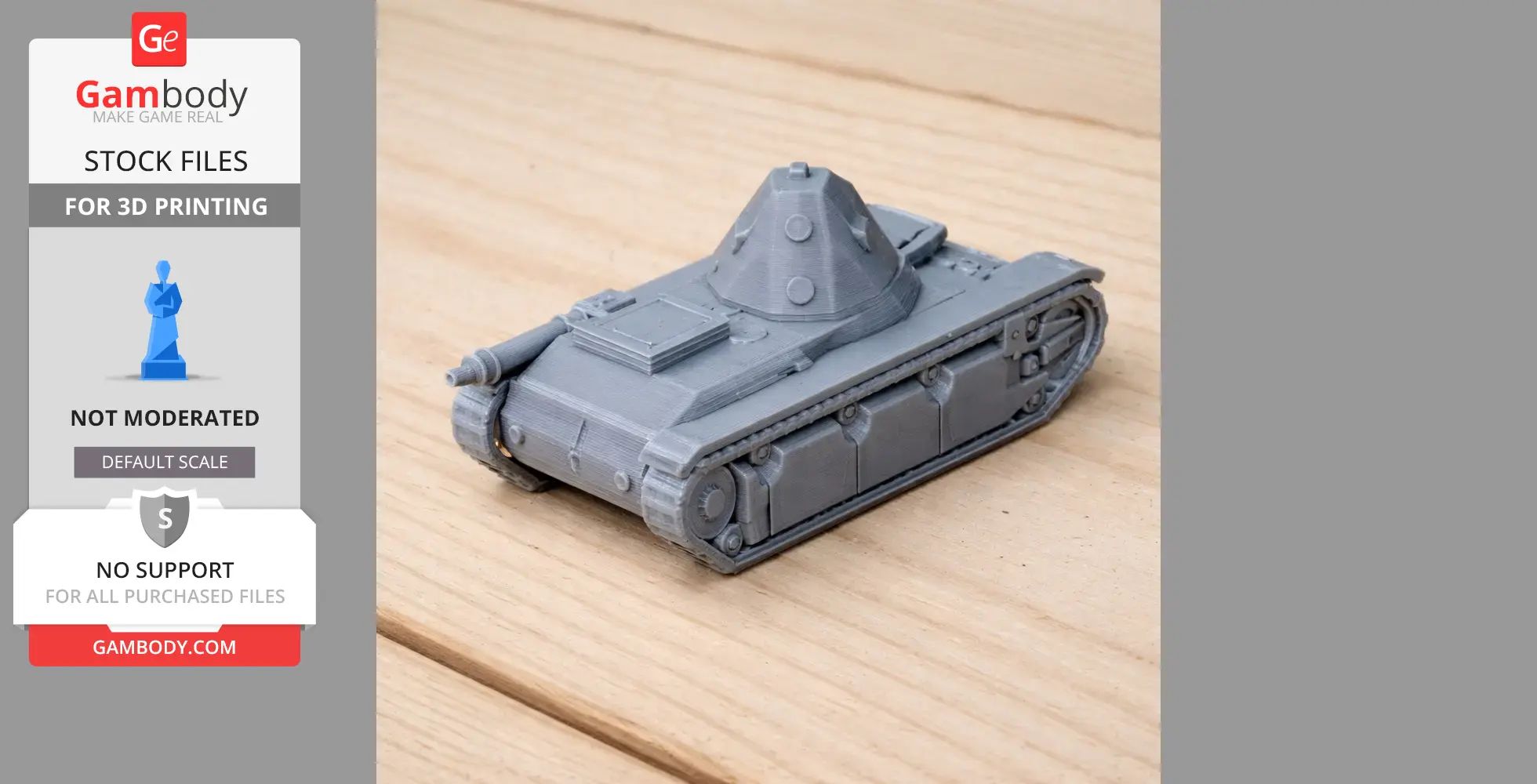 3D-printed AMX 38 tank model in gray, displayed on a wooden surface.
