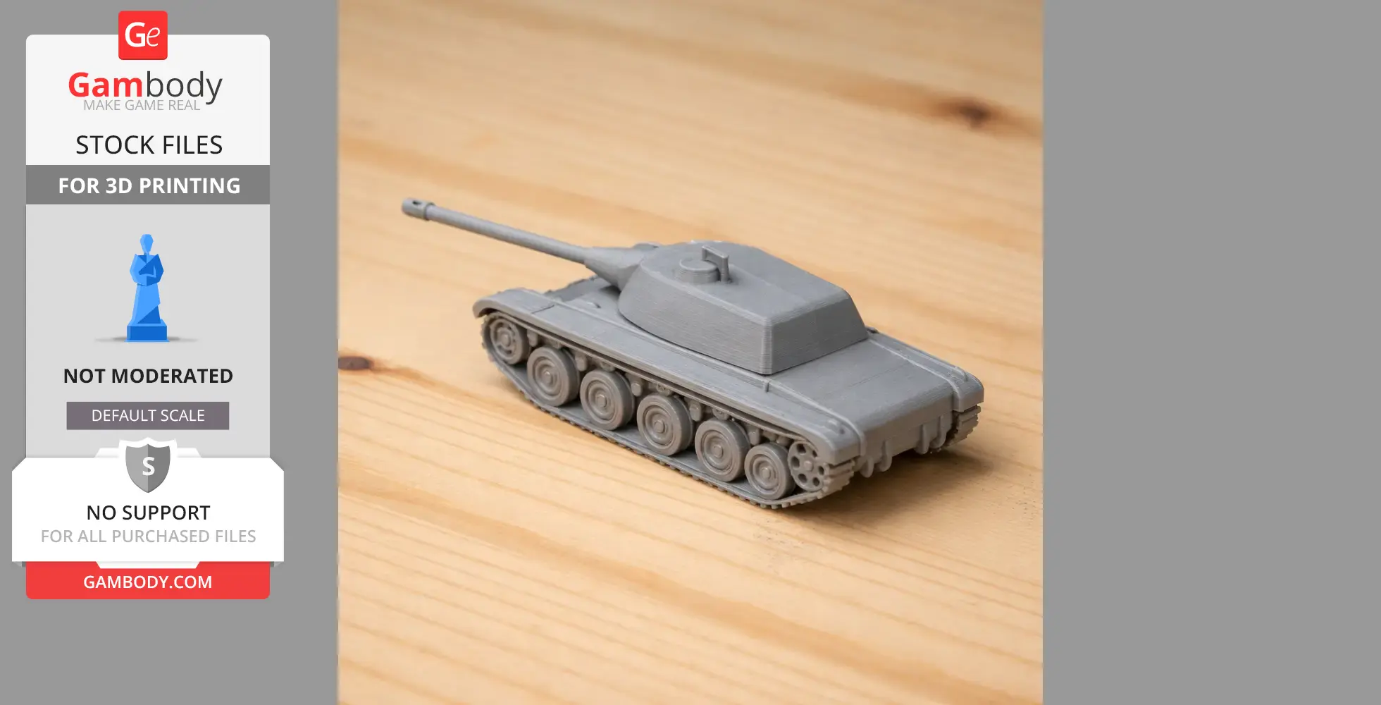 Gray 3D-printed model of an AMX tank on a wooden surface.