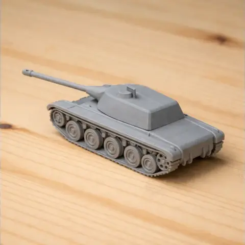 Gray 3D-printed model of an AMX Chasseur de Char tank on a wooden surface.