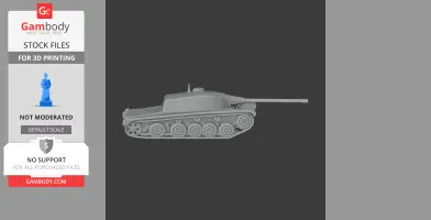 3D model of AMX tank with turret and gun, shown in side profile for 3D printing.