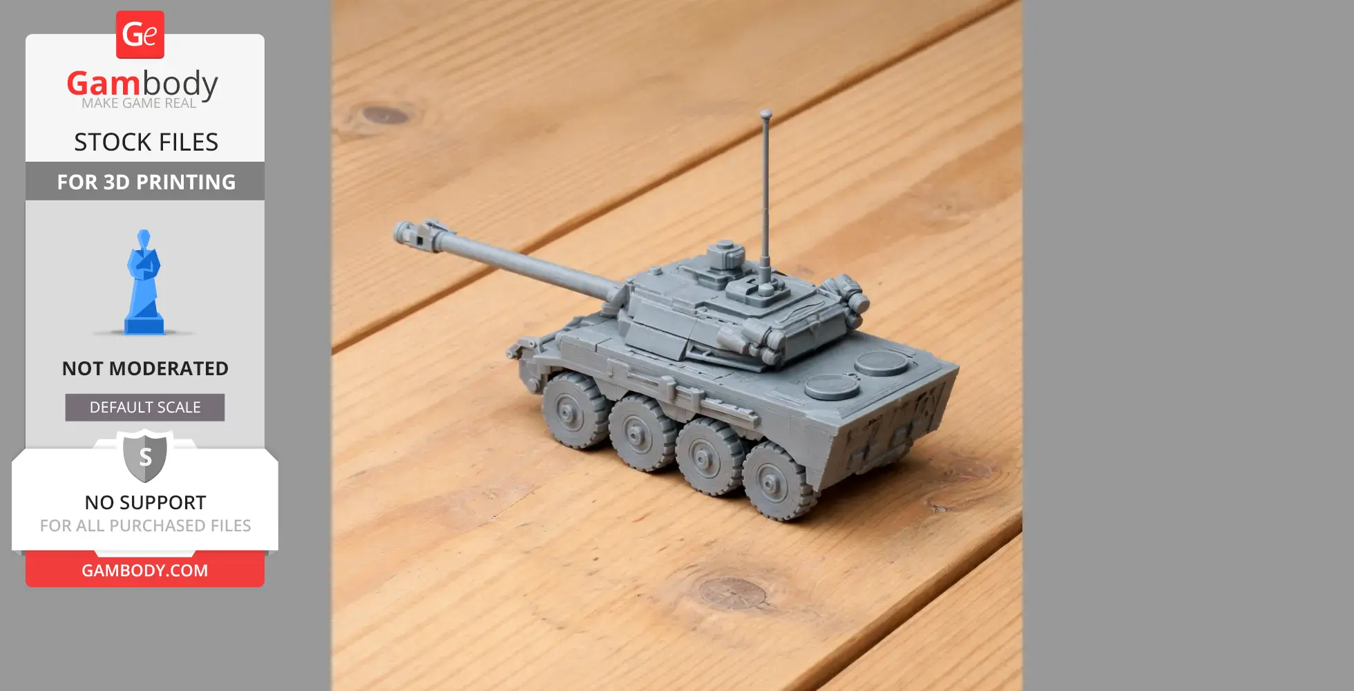 A detailed 3D-printed model of an AMX-10 RC tank displayed on a wooden surface.