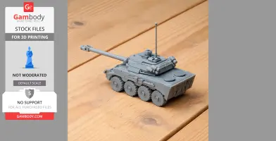 A detailed 3D-printed model of an AMX-10 RC tank displayed on a wooden surface.
