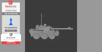 3D model of an AMX-10 RC armored tank with six wheels and a long cannon, designed for 3D printing.