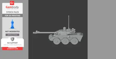 3D model of the AMX-10 RC tank, side view, featuring detailed armor and turret for 3D printing.