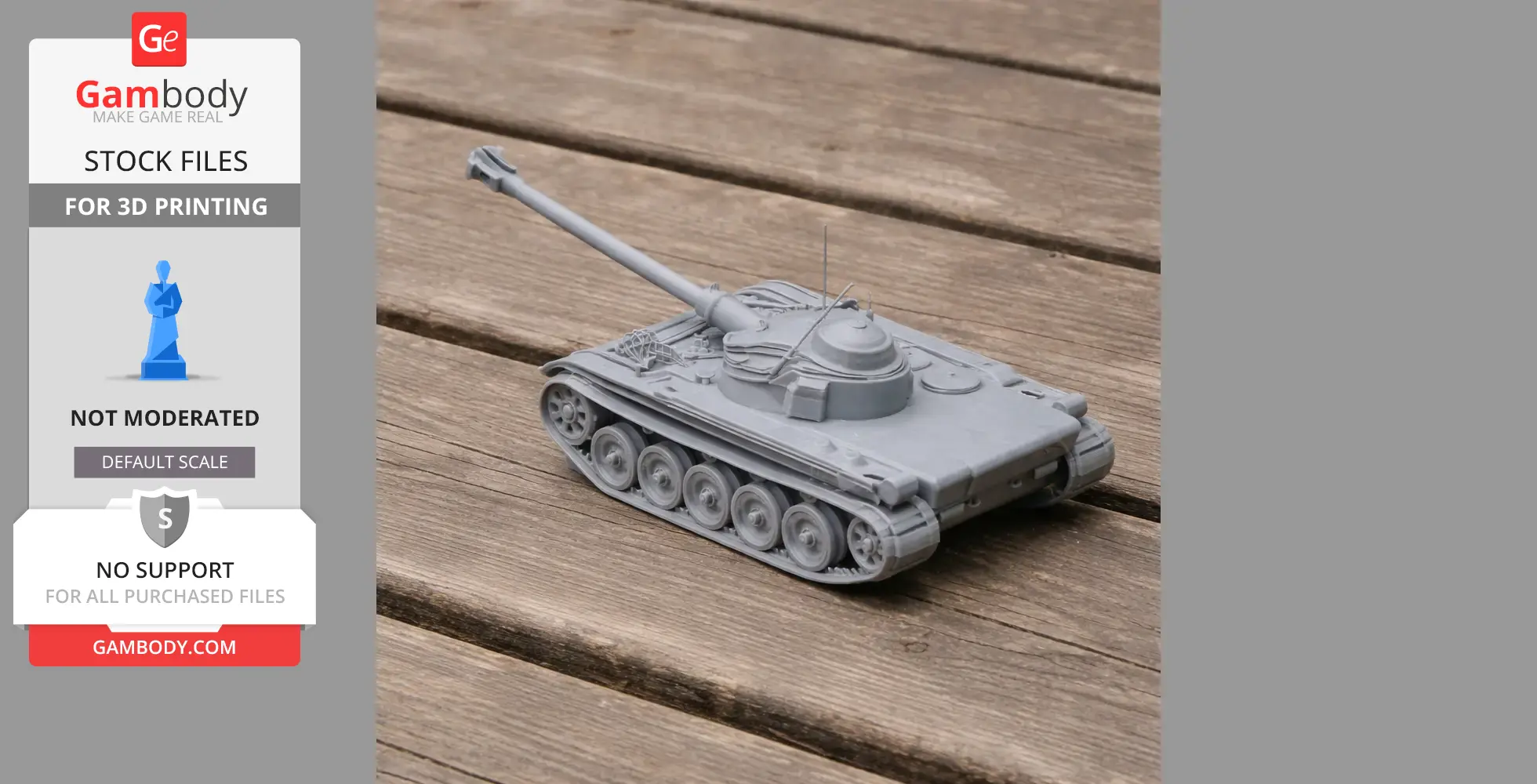 3D-printed AMX-13 tank model on wooden surface, depicting detailed tracks and turret.