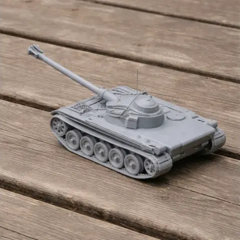 A detailed 3D-printed model of an AMX-13 tank with a long barrel, displayed on a wooden surface.