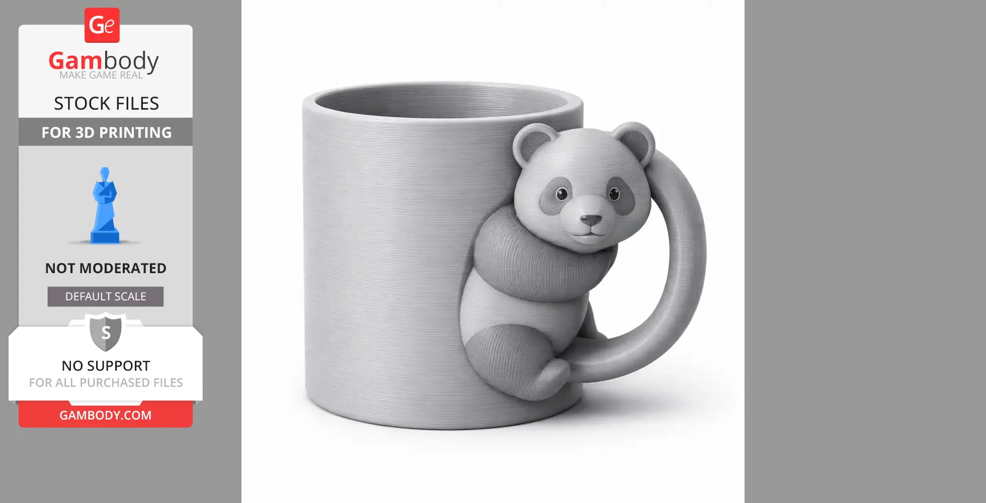 A 3D-printed mug with a panda design, where the handle forms the panda's arm hugging the mug.
